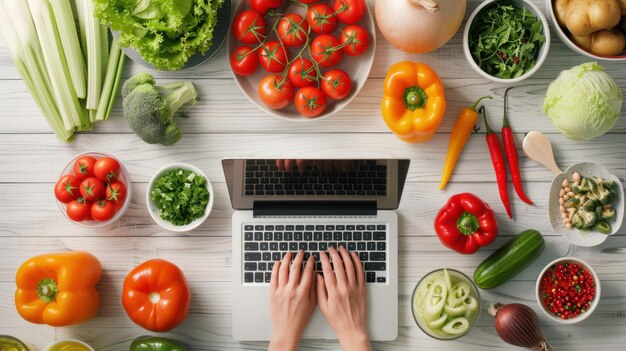 Набор свежих ингредиентов и ноутбук с рецептом